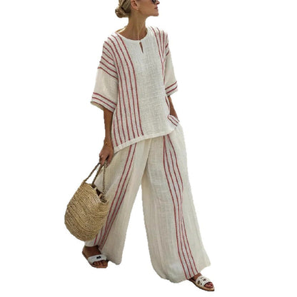 Women's Casual Comfortable Striped Printed T-shirt Wide Suits