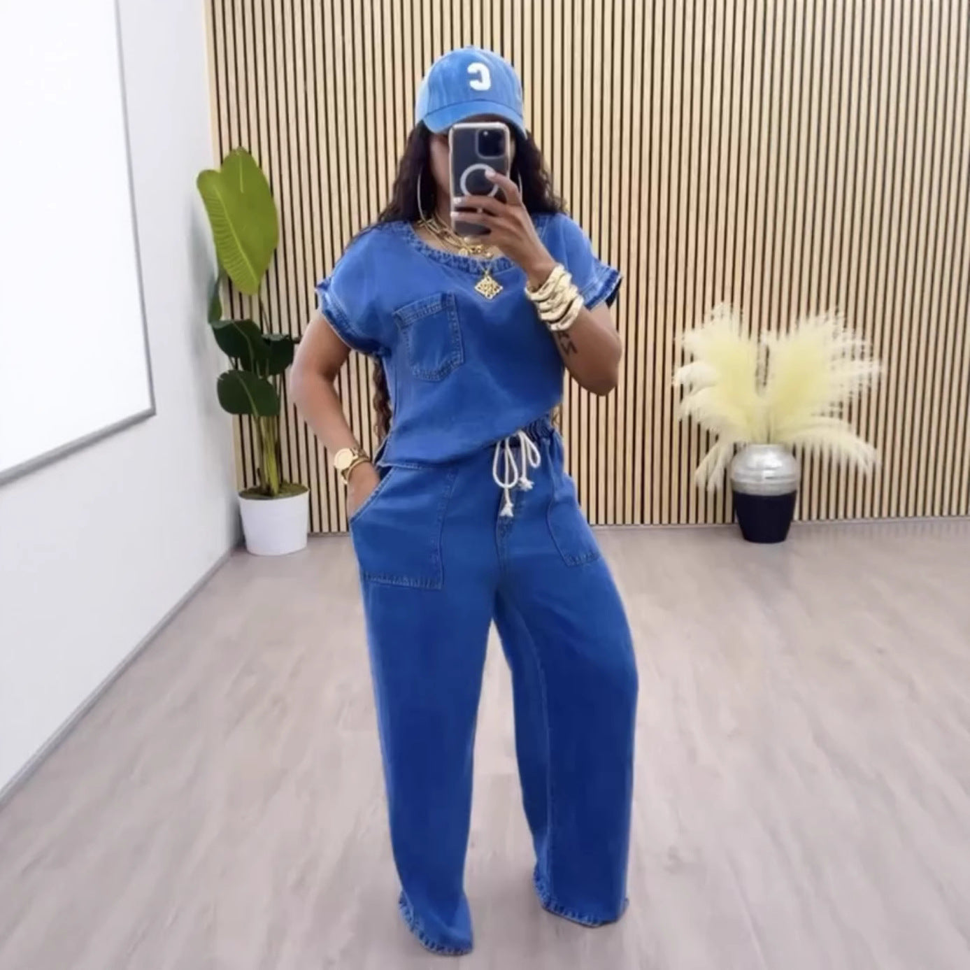 Women's Round Neck Sleeve Drawstring Loose Straight Suits