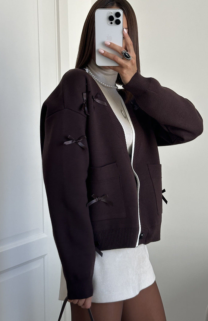 Bow Long Sleeve Loose Contrast Color Sweaters