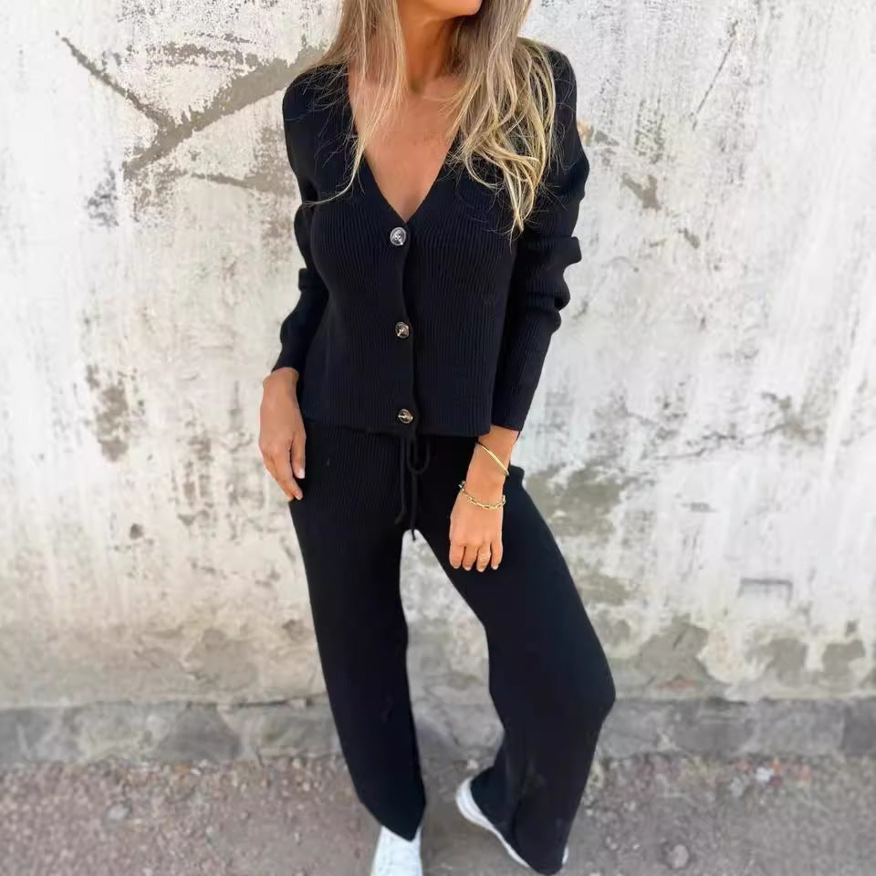 Set Long Sleeve Breasted Knitted Tether Sweaters