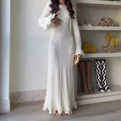 Women's Color Round Neck Long Sleeve Slim Fit Stringy Dresses