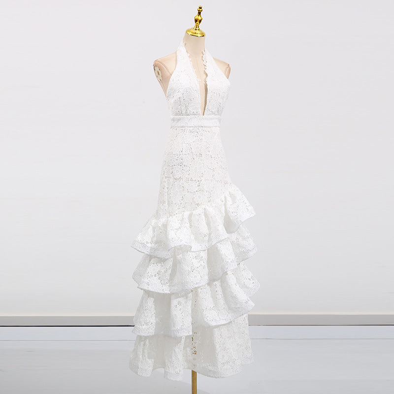 French Elegant Ruffled Long Dress Pure White Dresses