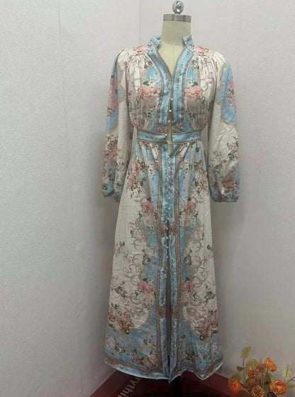 French Style Vintage Fashion Print Elegant Long Dresses