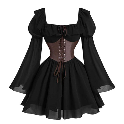 Medieval Puff Sleeve Dress Halloween Drawstring Skirts
