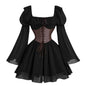 Medieval Puff Sleeve Dress Halloween Drawstring Skirts