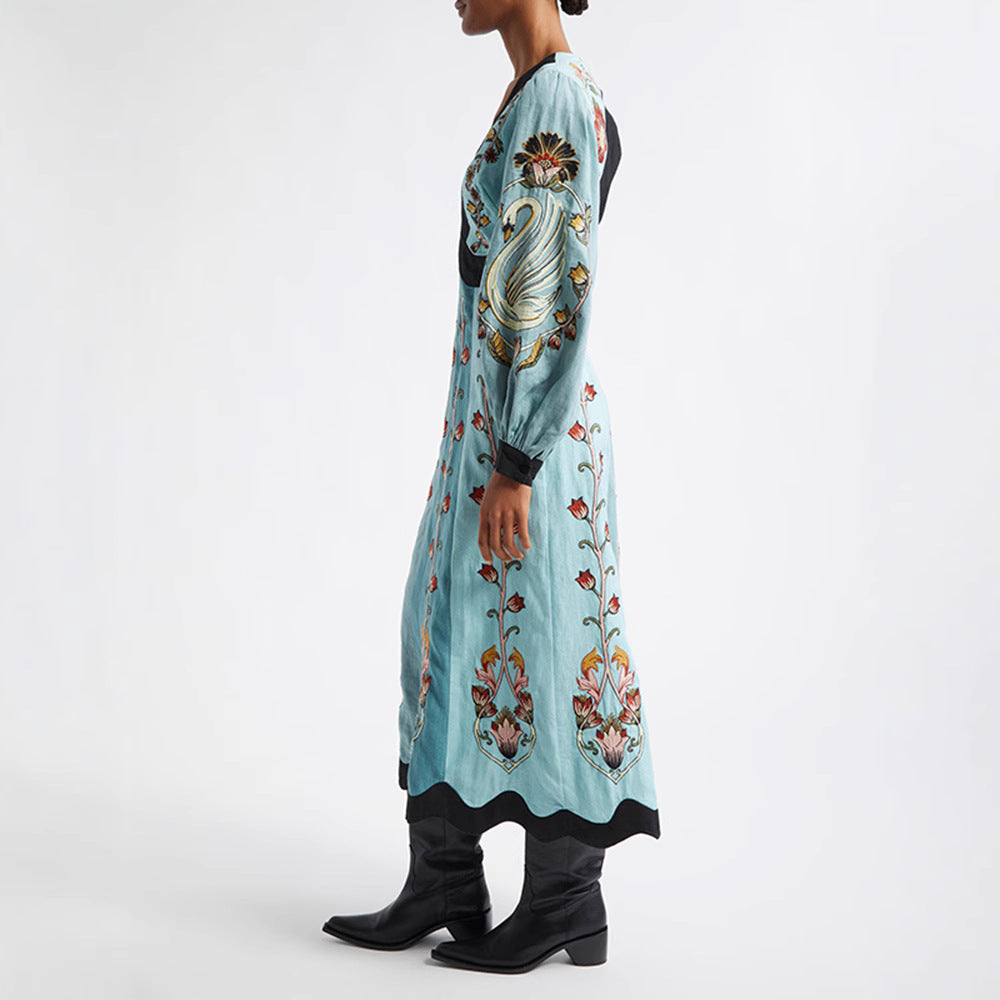 Printed Hollow Backless Dress Long Lantern Dresses