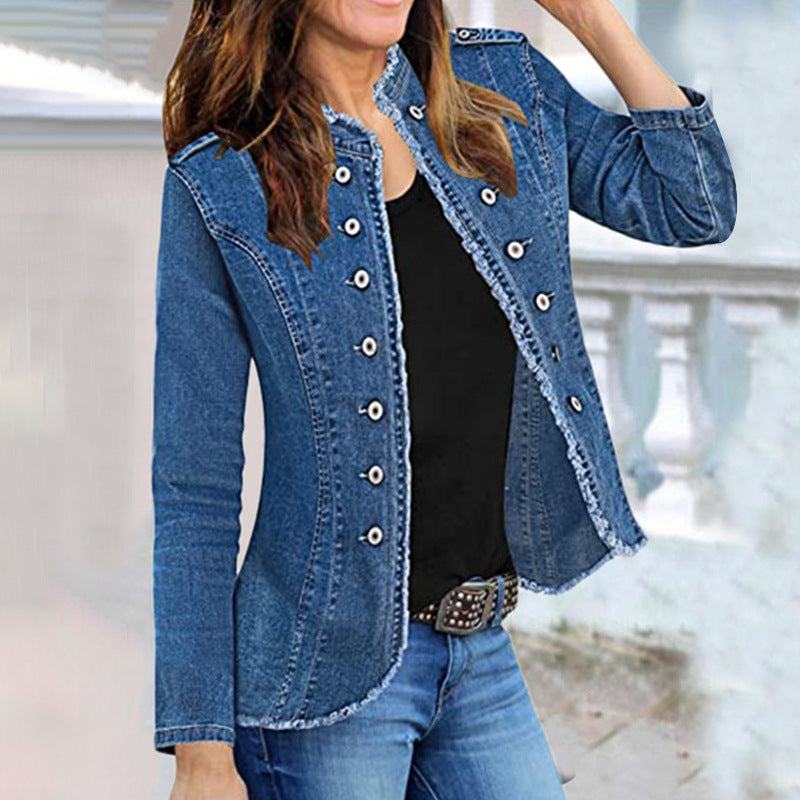 Women's Denim Cat Beard Single-breasted Stand-up Collar Thin Jackets