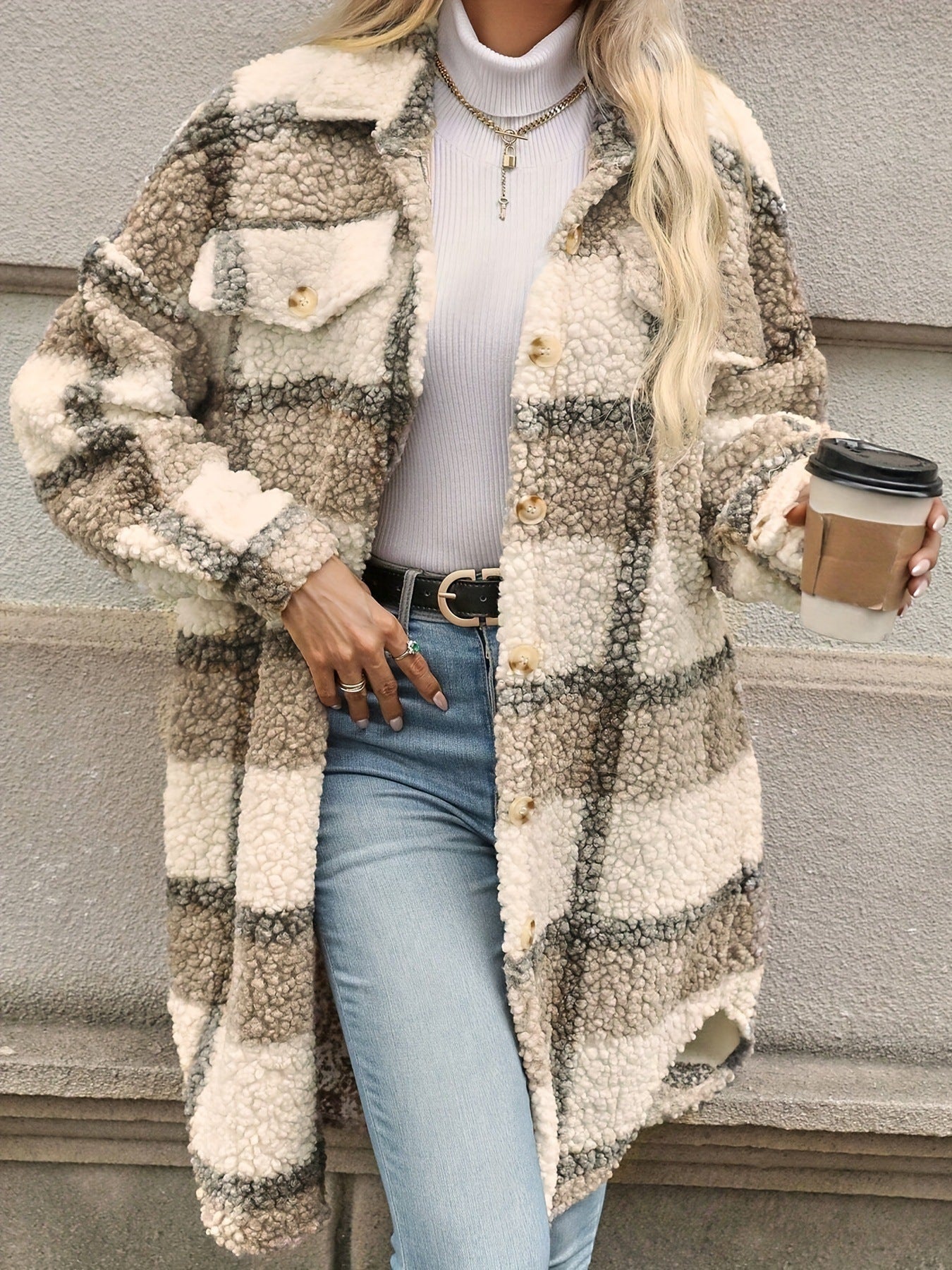 Women's Graceful Thickened Lapel Checked Woolen Coats