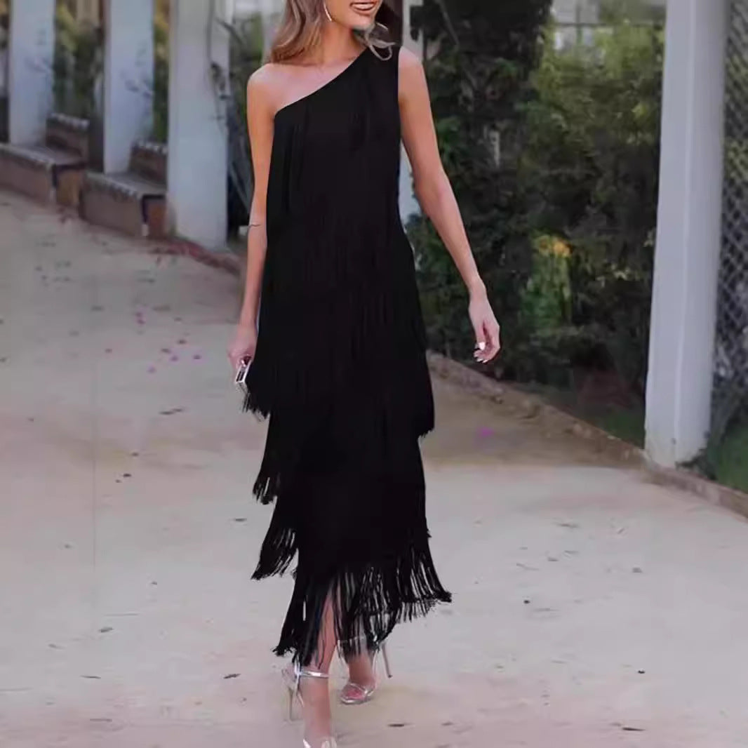 New Fashion Tassel Shoulder Asymmetric Dress Dresses