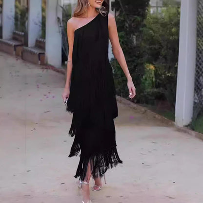 New Fashion Tassel Shoulder Asymmetric Dress Dresses