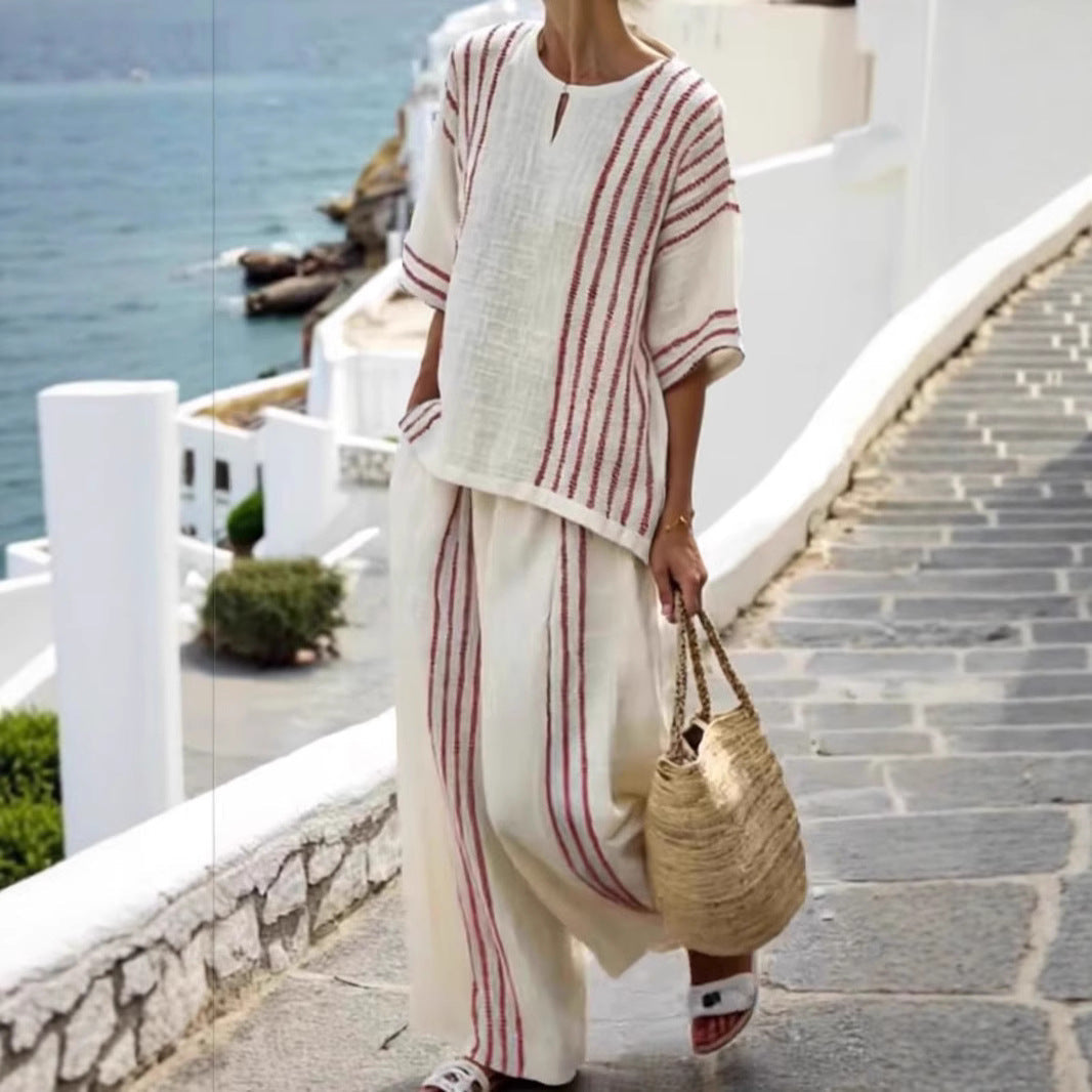 Women's Round Neck Striped Sleeve Cotton Linen Suits