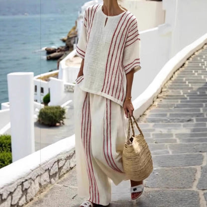Women's Round Neck Striped Sleeve Cotton Linen Suits