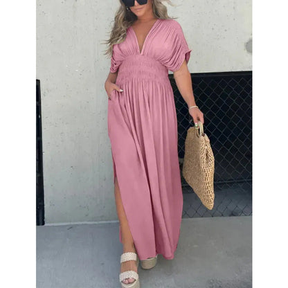 Solid Color Bat Sleeve Elastic Waisted Slimming Dresses
