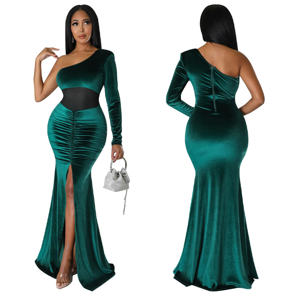 Women's Diagonal Collar Fold Split Solid Color Dresses
