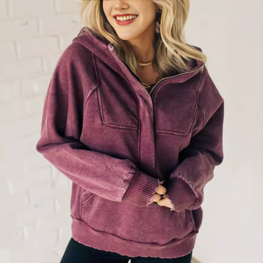 Women's Ladies Half Zipper Wash Hoodie Sweatshirt Sweaters