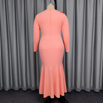 Women's Pink Three-dimensional Flower Long-sleeved Fishtail Dress Elegant Dresses