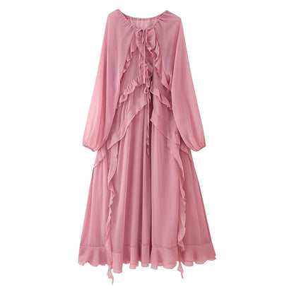Women's Summer Laminated Ruffled Tied Chiffon Dress Dresses