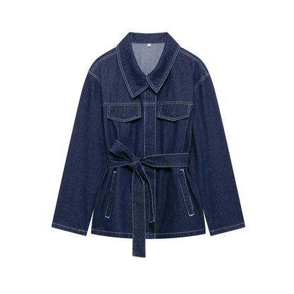 Women's Popular Classy Belt Lapel Denim Suits