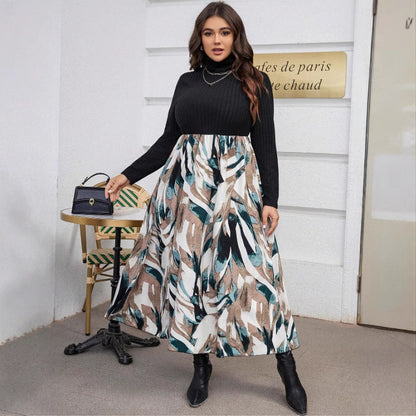Women's Long Dress Multicolor Printing Turtleneck Fat Dresses