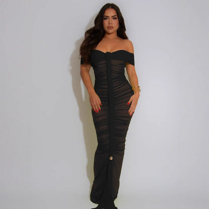 Women's Fashion Sexy Pleated Mesh Maxi Dress Dresses