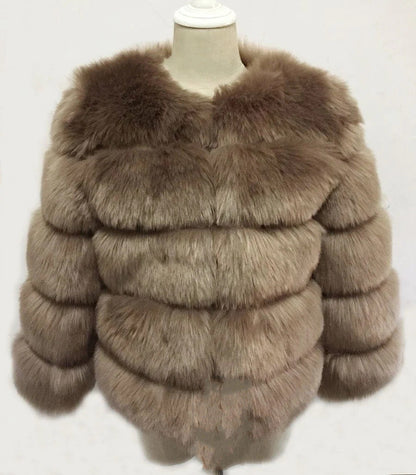 Women's Faux Fox Fur Round Neck Slim Coats