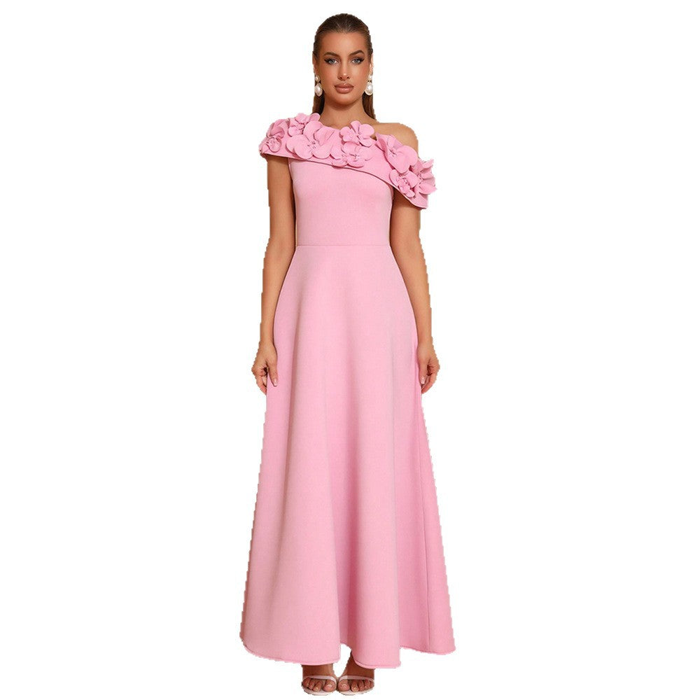 Elegant Oblique Shoulder Dress Stitching Flower Waist Slimming Style Dresses
