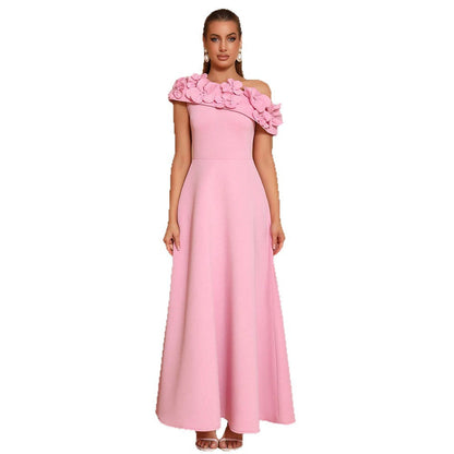Elegant Oblique Shoulder Dress Stitching Flower Waist Slimming Style Dresses