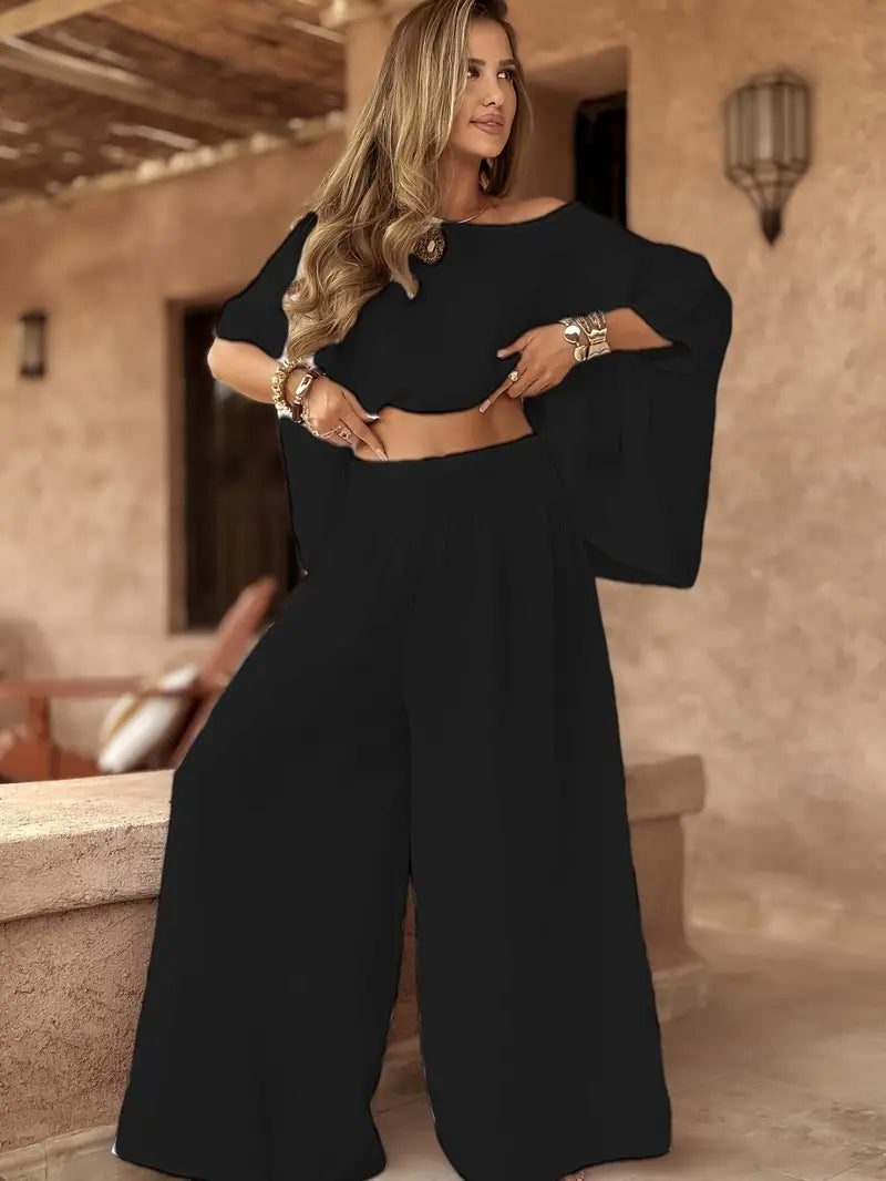 Women's Solid Color Elegant Two-piece Round Neck Wide Suits