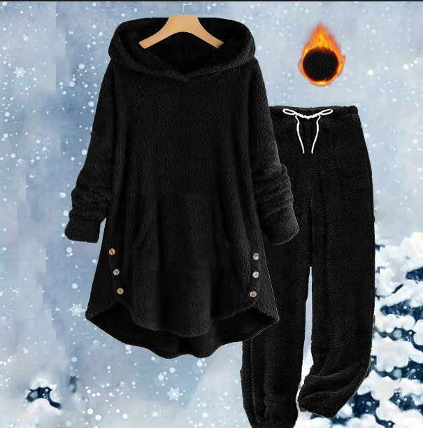 Women's Solid Color Plush Hooded Long Sleeve Suits