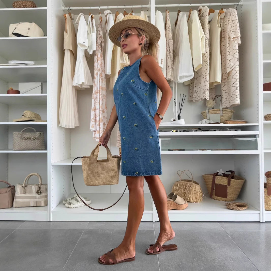 Fashion Casual Floral Loose Denim Sleeveless Dresses