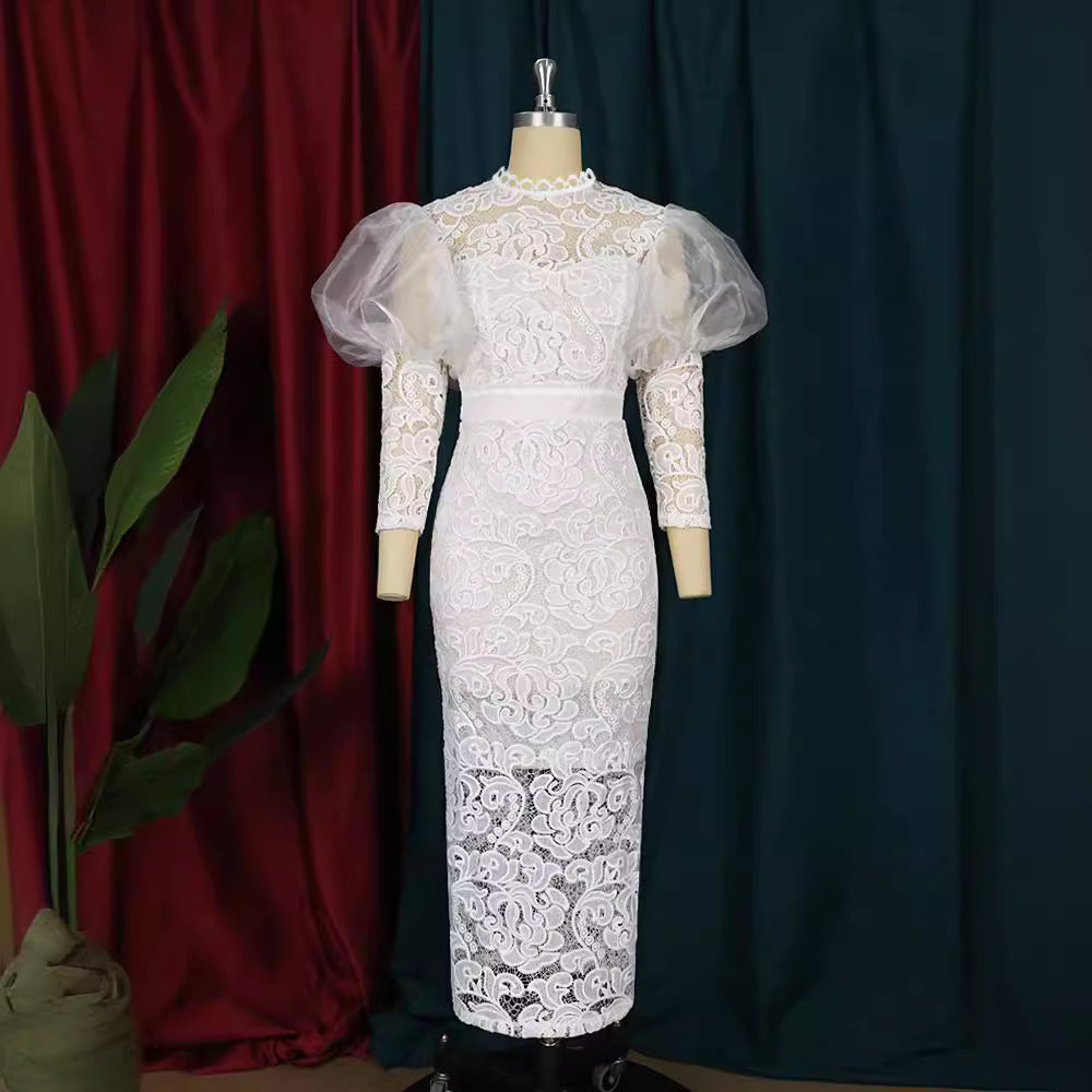 Women's Round Neck Lace Stitching High Waist Dresses