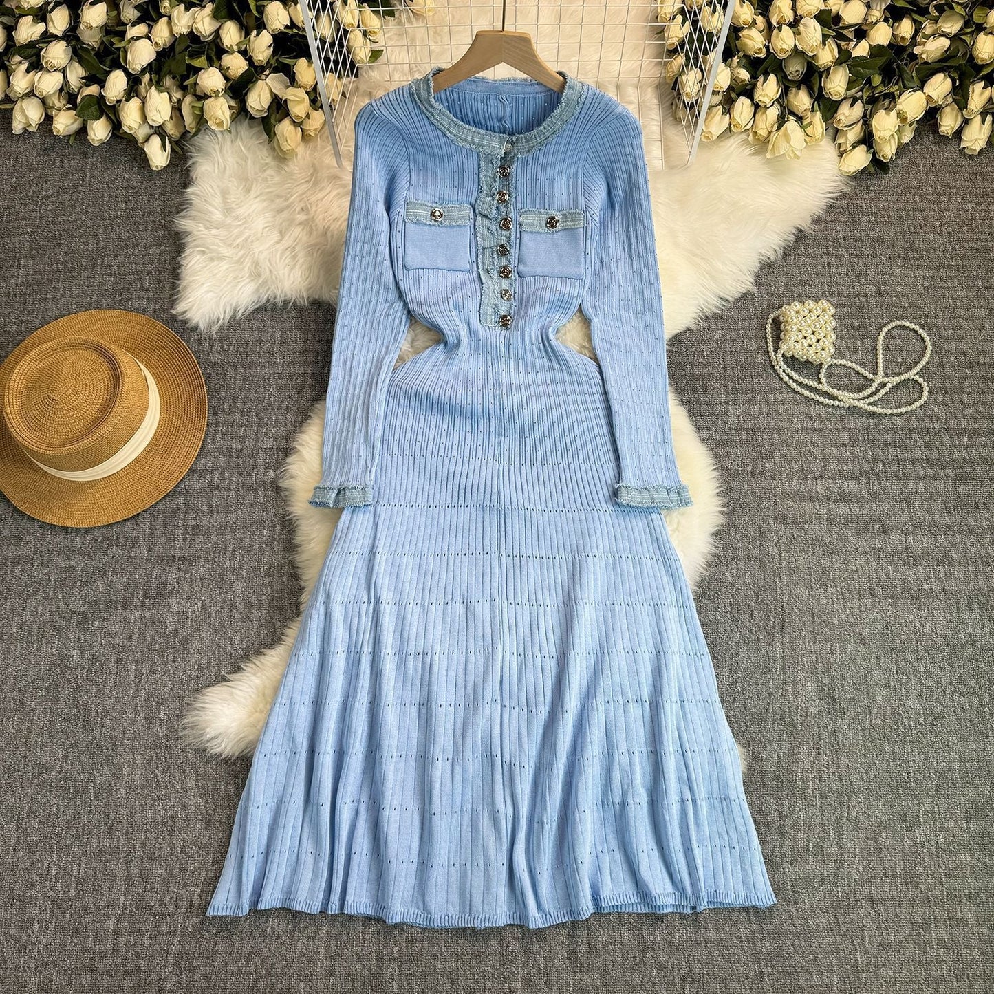 Stitching Denim Knitted Dress Simple Elegant Dresses