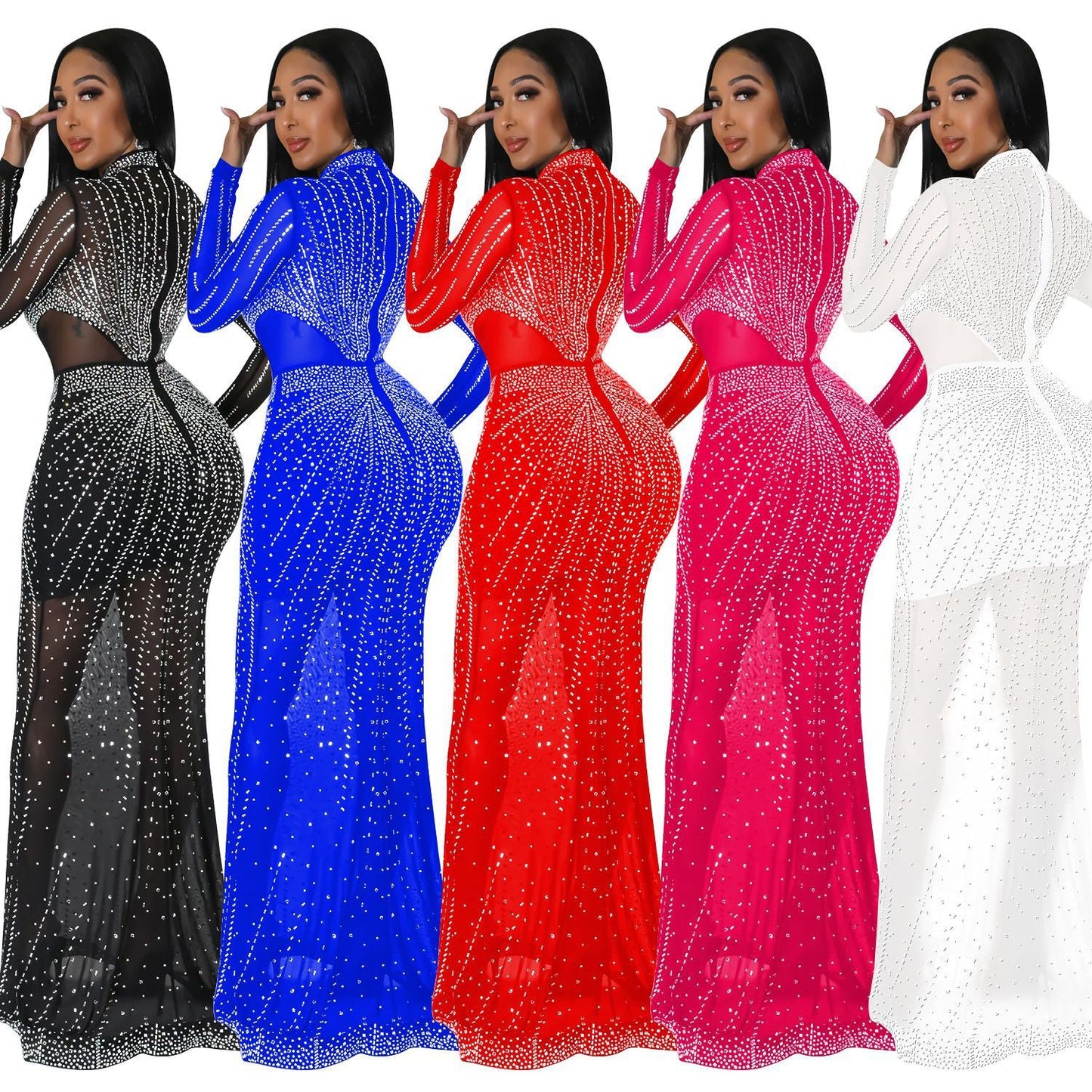 Women's Wear Pure Color Mesh Hot Drilling Dresses