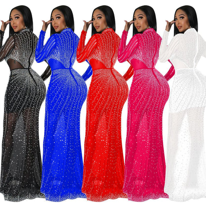 Women's Wear Pure Color Mesh Hot Drilling Dresses