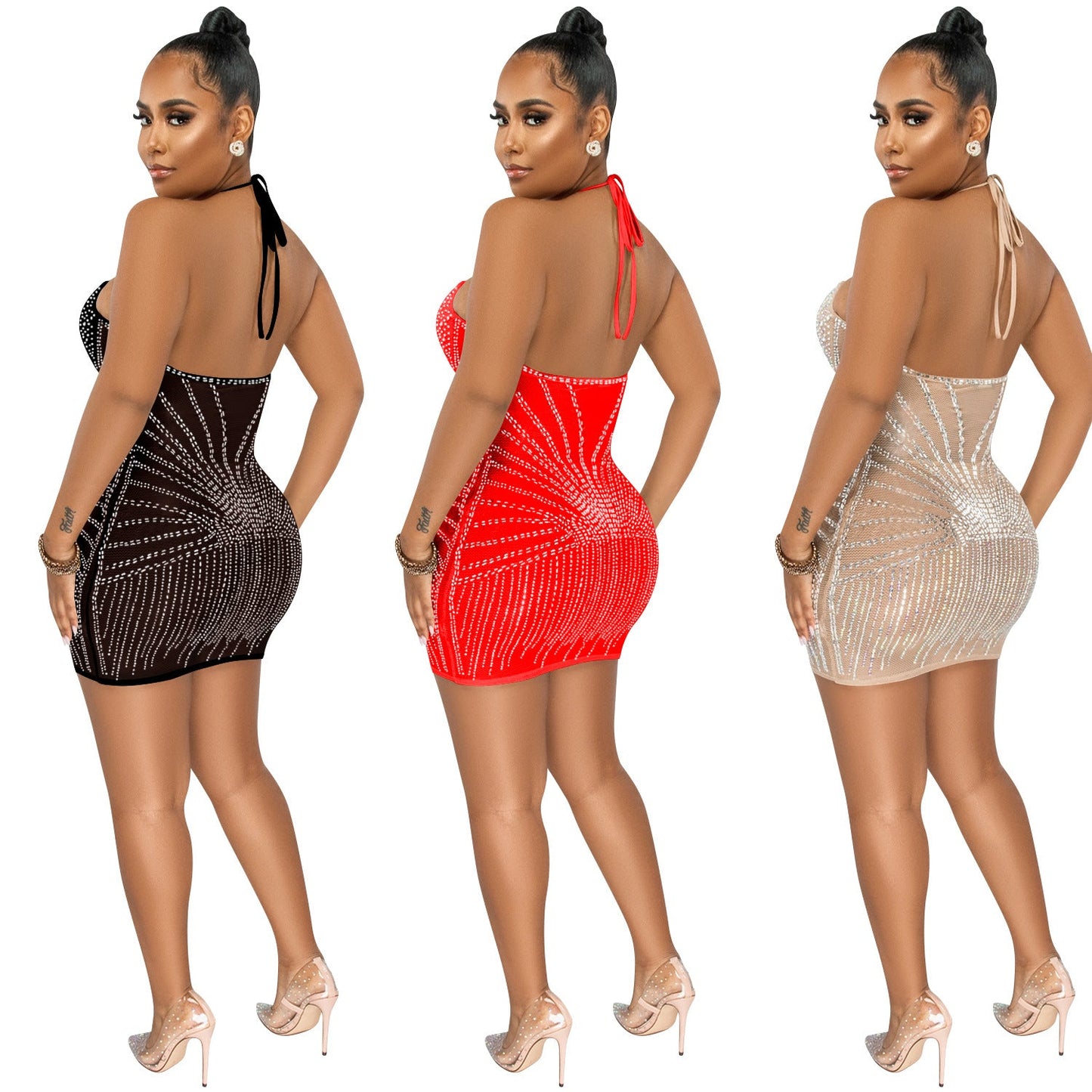 Sexy Spaghetti Straps Chest Wrap Rhinestone Dresses