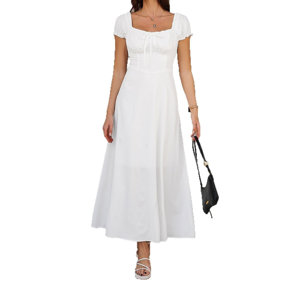 Women's Pure Color Tied Pleating Puff Sleeve Dresses
