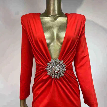 Elegant Long Sleeve Deep V Drill Dresses