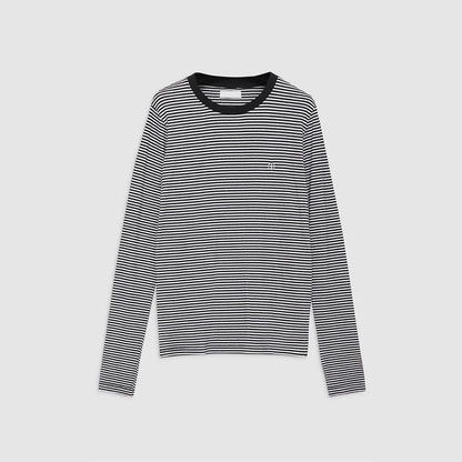 Women's Striped Embroidery Cotton Round Neck Long Blouses