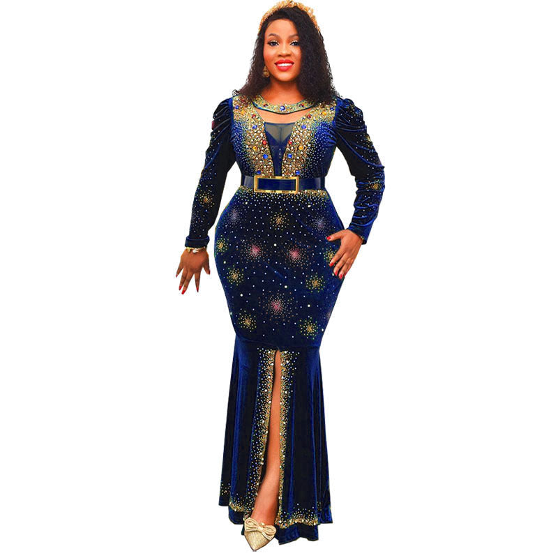 Women's Gold Veet Rhinestone Luxury Fishtail Long-sleeved Dress Long Dresses