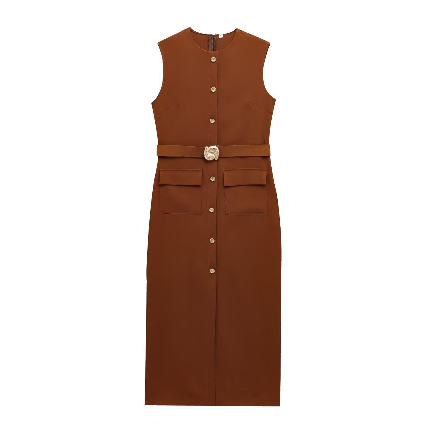 Spring With Belt Crepe Sleeveless Midi Dresses