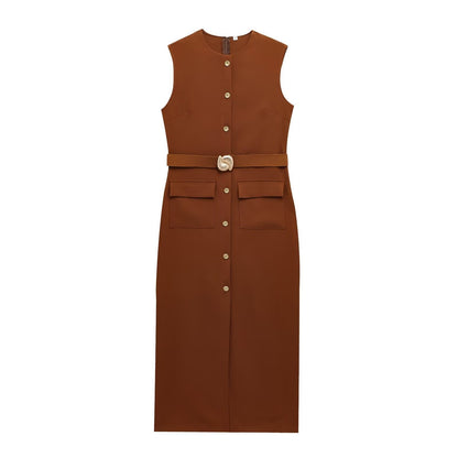 Spring With Belt Crepe Sleeveless Midi Dresses