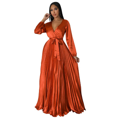 Women's Autumn Lantern Sleeve Pleated Dress Long Dresses