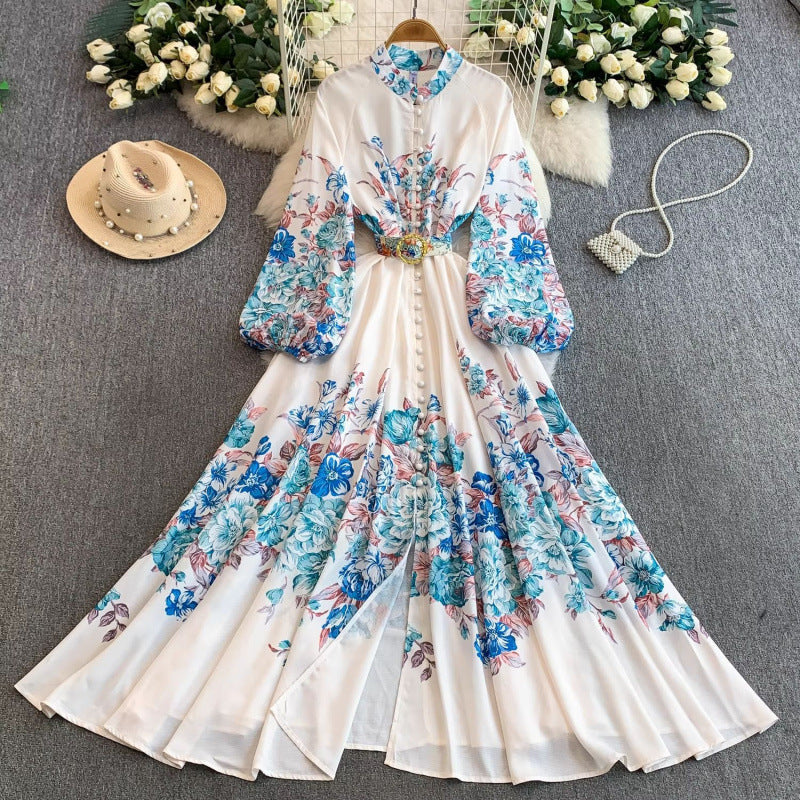 Women's Lantern Long Sleeve Single-breasted Printed Dress Dresses