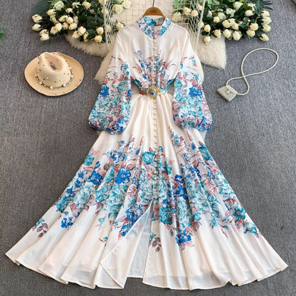 Women's Lantern Long Sleeve Single-breasted Printed Dress Dresses