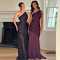 Women's Summer Diagonal Collar Solid Color Dress Clothing