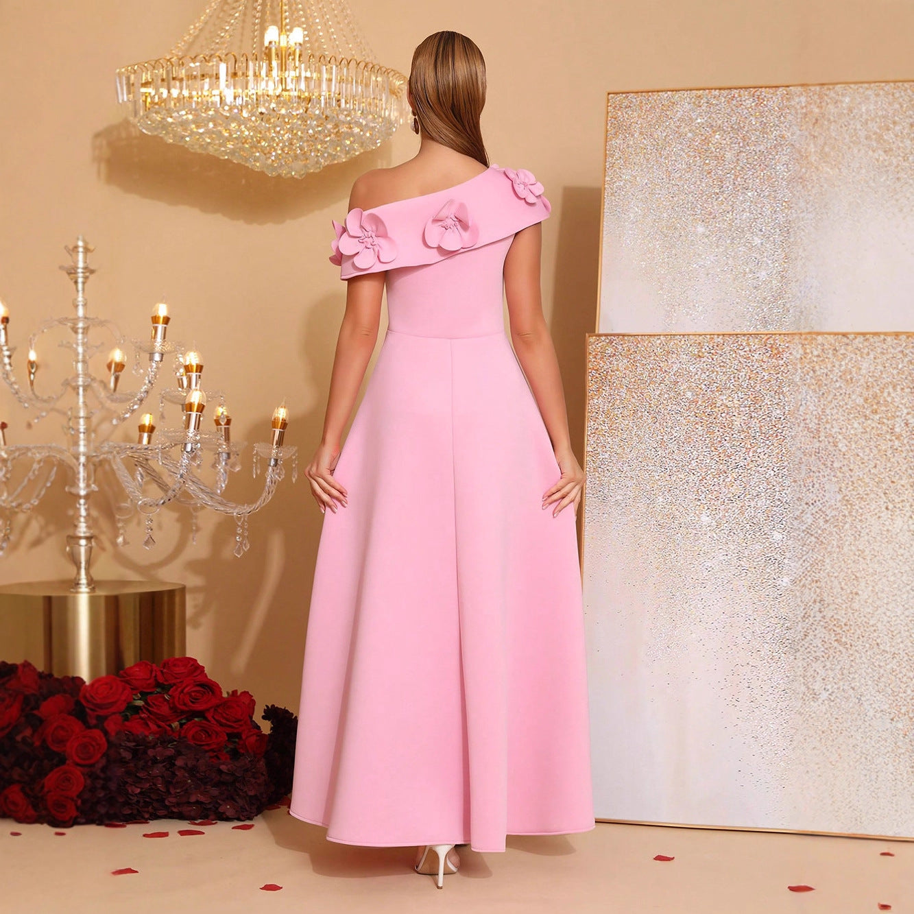 Elegant Oblique Shoulder Dress Stitching Flower Waist Slimming Style Dresses