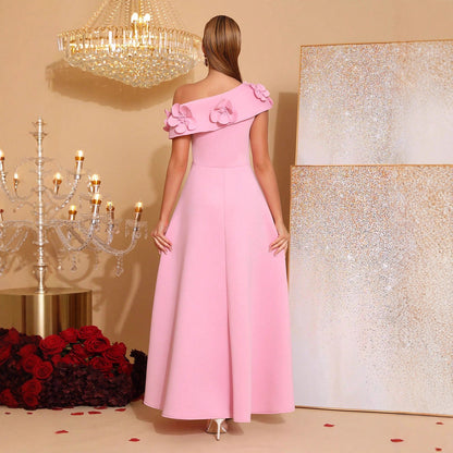 Elegant Oblique Shoulder Dress Stitching Flower Waist Slimming Style Dresses