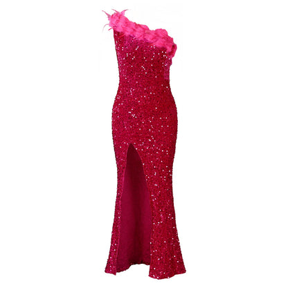 Temperament Diagonal Collar Banquet High Waist Slit Dresses