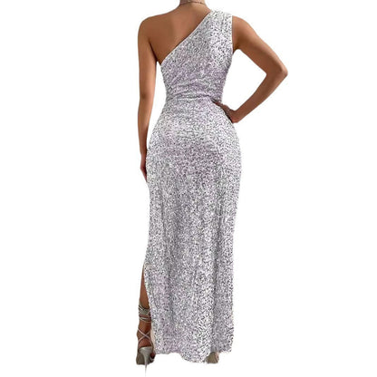 Women's Fashion Sexy Sequined Sleeveless Split Solid Dresses