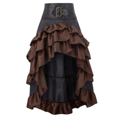 Retro Front Long Back Irregular Ruffles High Waist Stitching Dresses